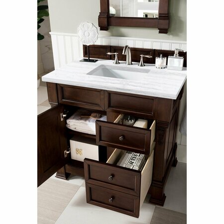 James Martin Vanities Brookfield 36in Single Vanity, Burnished Mahogany w/ 3 CM Arctic Fall Solid Surface Top 147-114-5566-3AF